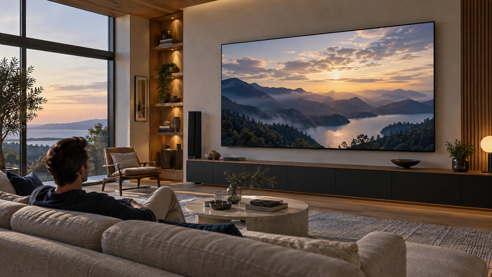 A 100-inch TV wall-mounted in a spacious living room with the sofa set well back from the screen