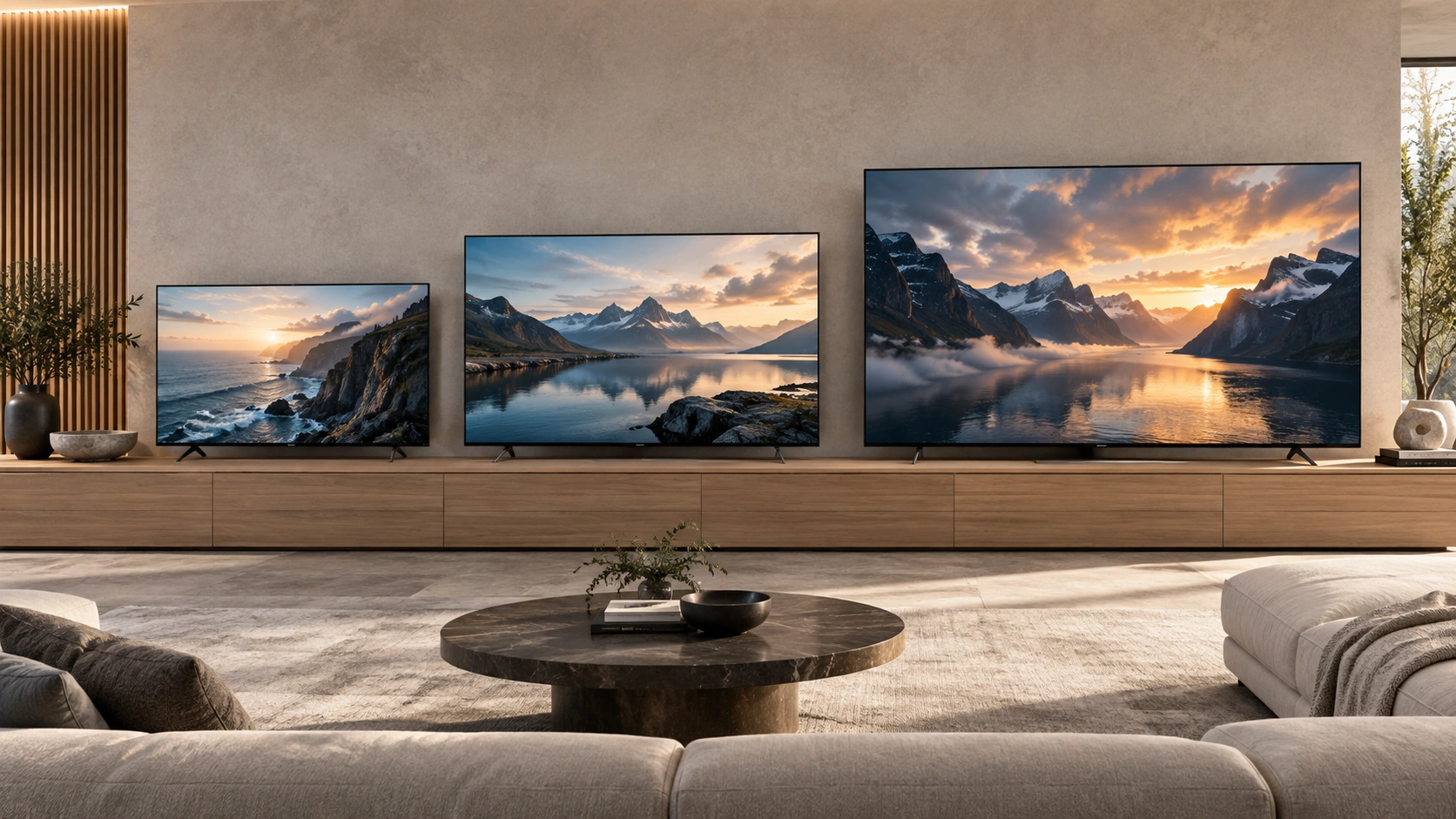 75, 85 and 100-inch TVs side by side on the same console to compare screen width