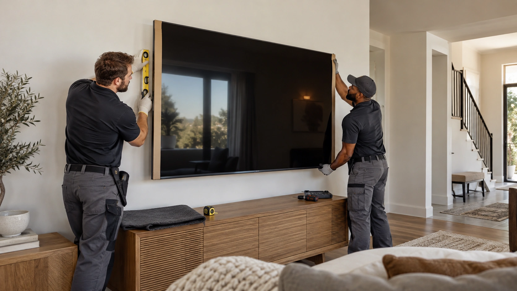 Two installers levelling a large flat-screen TV on a wall during professional mounting