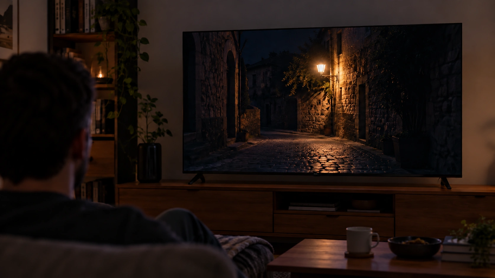 Illustrative night street scene with one illuminated street lamp on a television