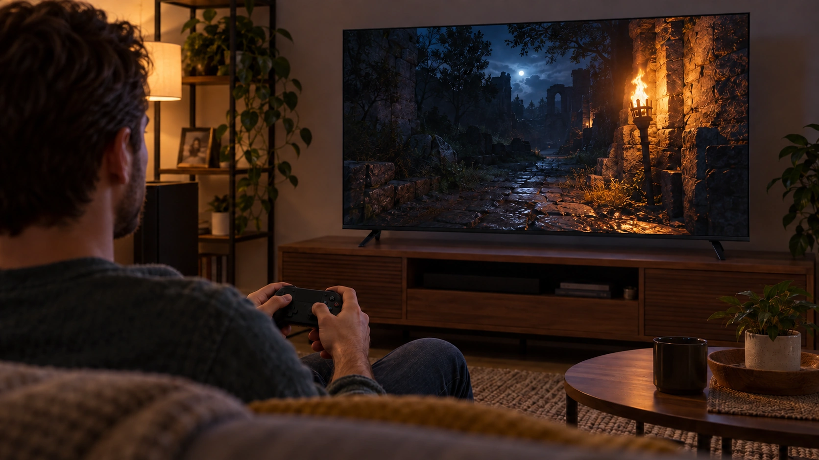 Illustrative living-room gaming scene with a person holding a controller