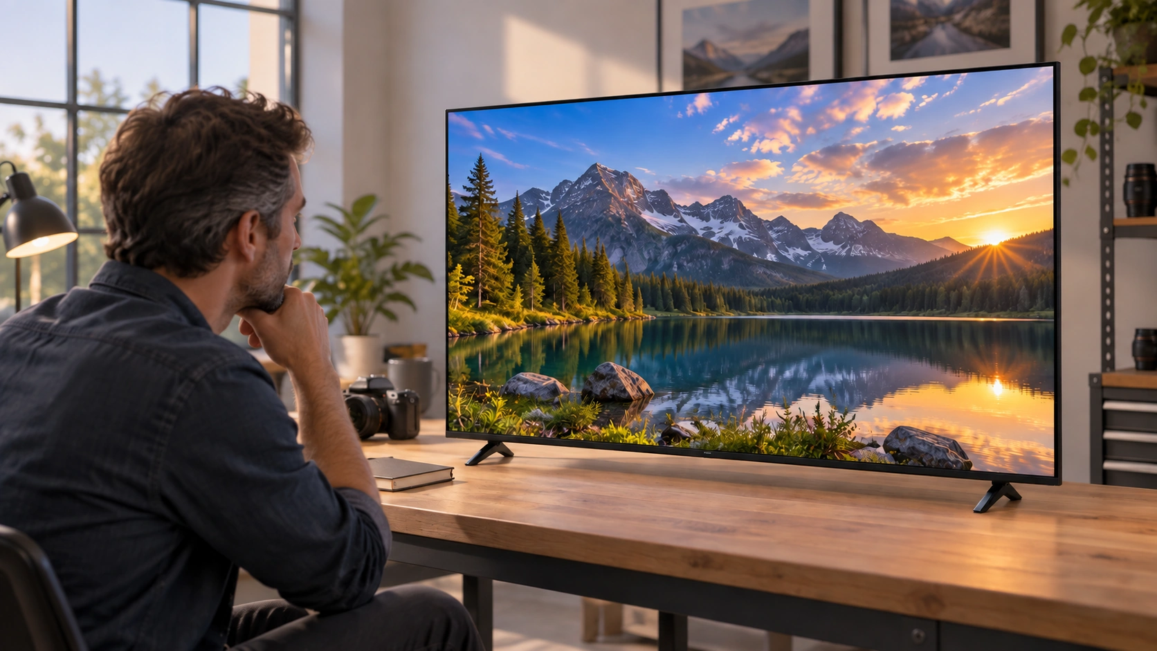 Illustrative photo studio scene with a television displaying a colourful landscape