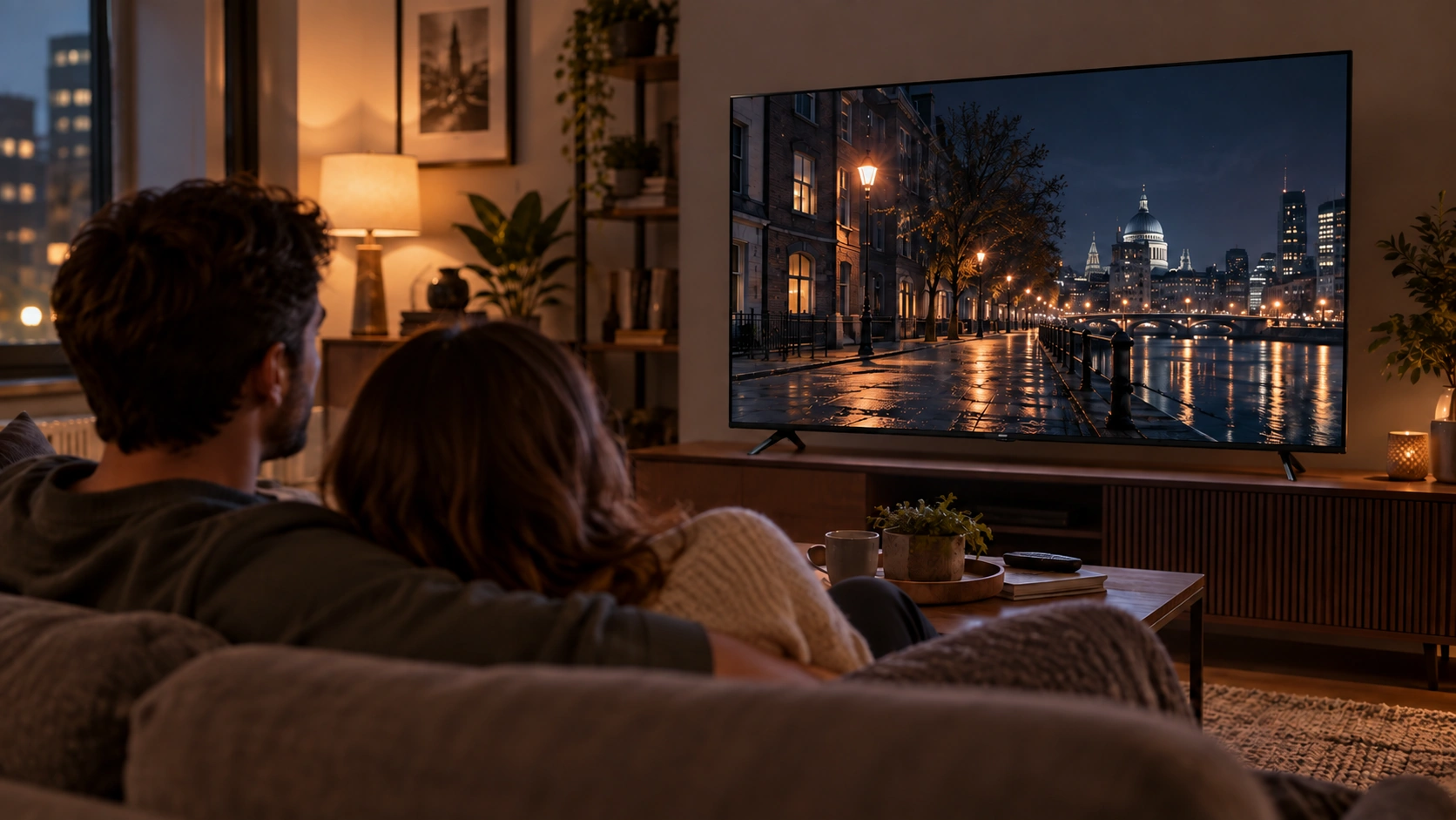 Illustrative evening living room with television showing a city night scene
