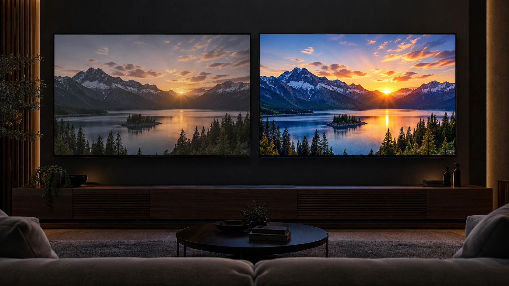 The same mountain scene on two TVs side by side, with the HDR set far brighter than the SDR set