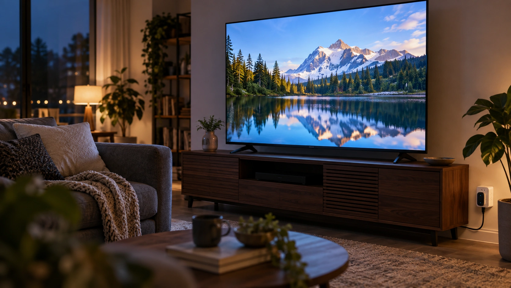 A television in an evening living room, with a plug-in energy monitor connected at the wall socket